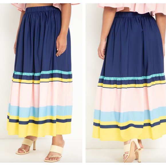 ELOQUII NWT Women’s Size 18/20 Colorblock Maxi Skirt Stripe navy blue pink - Picture 2 of 7